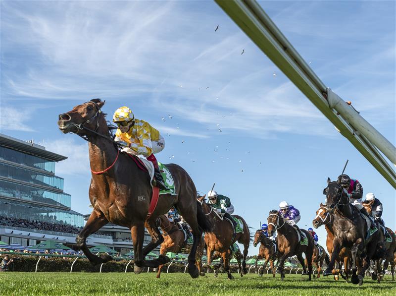 MELBOURNE, AUSTRALIA - OCTOBER 04: Craig Williams riding Sir Delius defeats Blake Shinn riding Antino in Race 8, the Tab Turnbull Stakes  during Melbourne Racing at Flemington Racecourse on October 04, 2025 in Melbourne, Australia. (Photo by Vince Caligiuri/Getty Images)