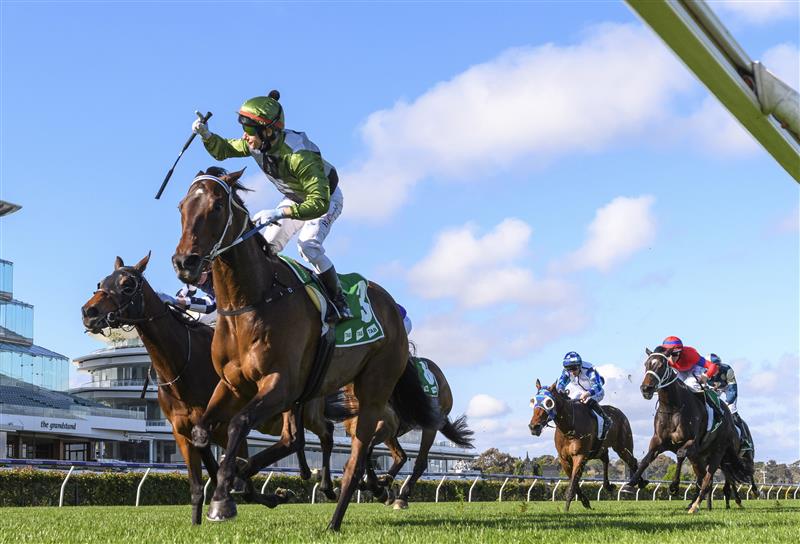 MELBOURNE, AUSTRALIA - OCTOBER 02: Brett Prebble riding Incentivise winning Race 7, the Tab Turnbull Stakes, during Melbourne Racing at Flemington Racecourse on October 02, 2021 in Melbourne, Australia. (Photo by Vince Caligiuri/Getty Images)