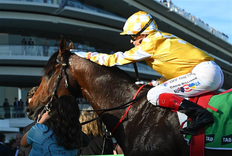 MELBOURNE, AUSTRALIA - OCTOBER 04: Craig Williams riding Sir Delius dismounts after winning Race 8, the Tab Turnbull Stakes  during Melbourne Racing at Flemington Racecourse on October 04, 2025 in Melbourne, Australia. (Photo by Vince Caligiuri/Getty Images)