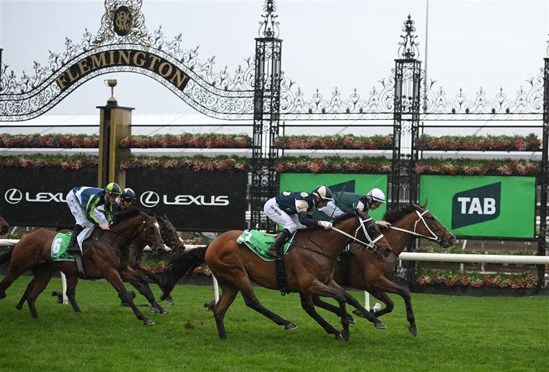 MELBOURNE, AUSTRALIA - OCTOBER 05: Damian Lane riding Via Sistina defeats Joao Moreira riding Buckaroo in Race 8, theTab Turnbull Stakes - Betting Odds during Melbourne Racing at Flemington Racecourse on October 05, 2024 in Melbourne, Australia. (Photo by Vince Caligiuri/Getty Images)