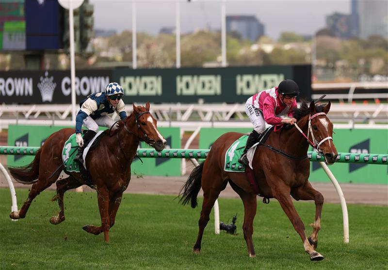 MELBOURNE, AUSTRALIA - OCTOBER 03: William Pike rides #4 Cosmic Crusader to win race 8, the Tab Turnbull Stakes during Turnbull Stakes Day at Flemington Racecourse on October 03, 2026 in Melbourne, Australia. (Photo by Robert Cianflone/Getty Images)