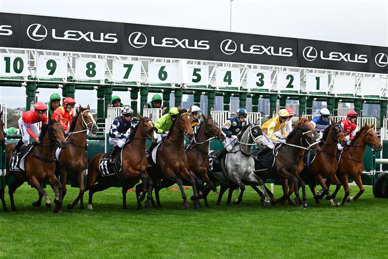 MELBOURNE, AUSTRALIA - OCTOBER 03: Jabez Johnstone riding Mr Monaco (L) jumps out of barriers before winning race 7, the The Lexus Bart Cummings during Turnbull Stakes Day at Flemington Racecourse on October 03, 2026 in Melbourne, Australia. (Photo by Vince Caligiuri/Getty Images)
