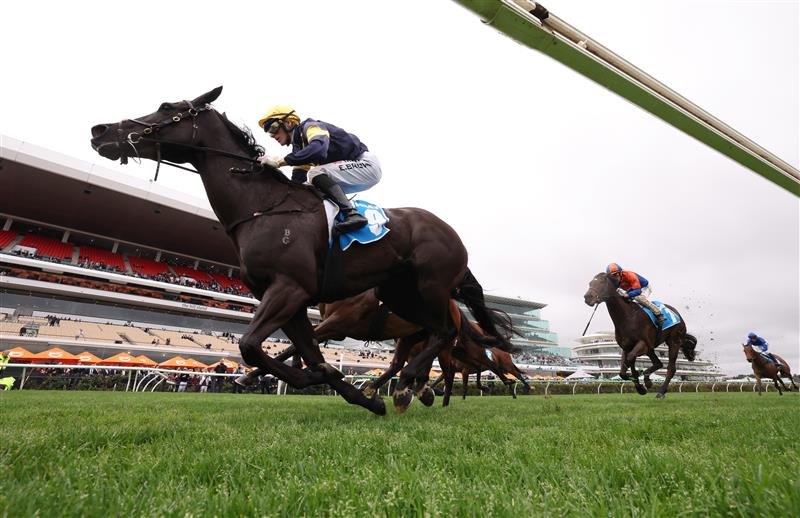 MELBOURNE, AUSTRALIA - OCTOBER 03: Ethan Brown rides #9 Stylish to win race 5, the Cirka Rose Of Kingston Stakes during Turnbull Stakes Day at Flemington Racecourse on October 03, 2026 in Melbourne, Australia. (Photo by Robert Cianflone/Getty Images)