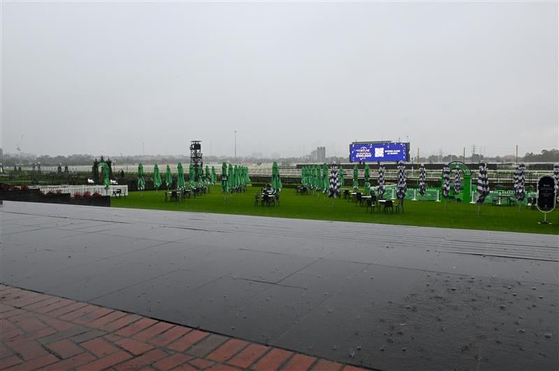 MELBOURNE, AUSTRALIA - OCTOBER 03: Rain is seen ahead of  Turnbull Stakes Day at Flemington Racecourse on October 03, 2026 in Melbourne, Australia. (Photo by Vince Caligiuri/Getty Images)