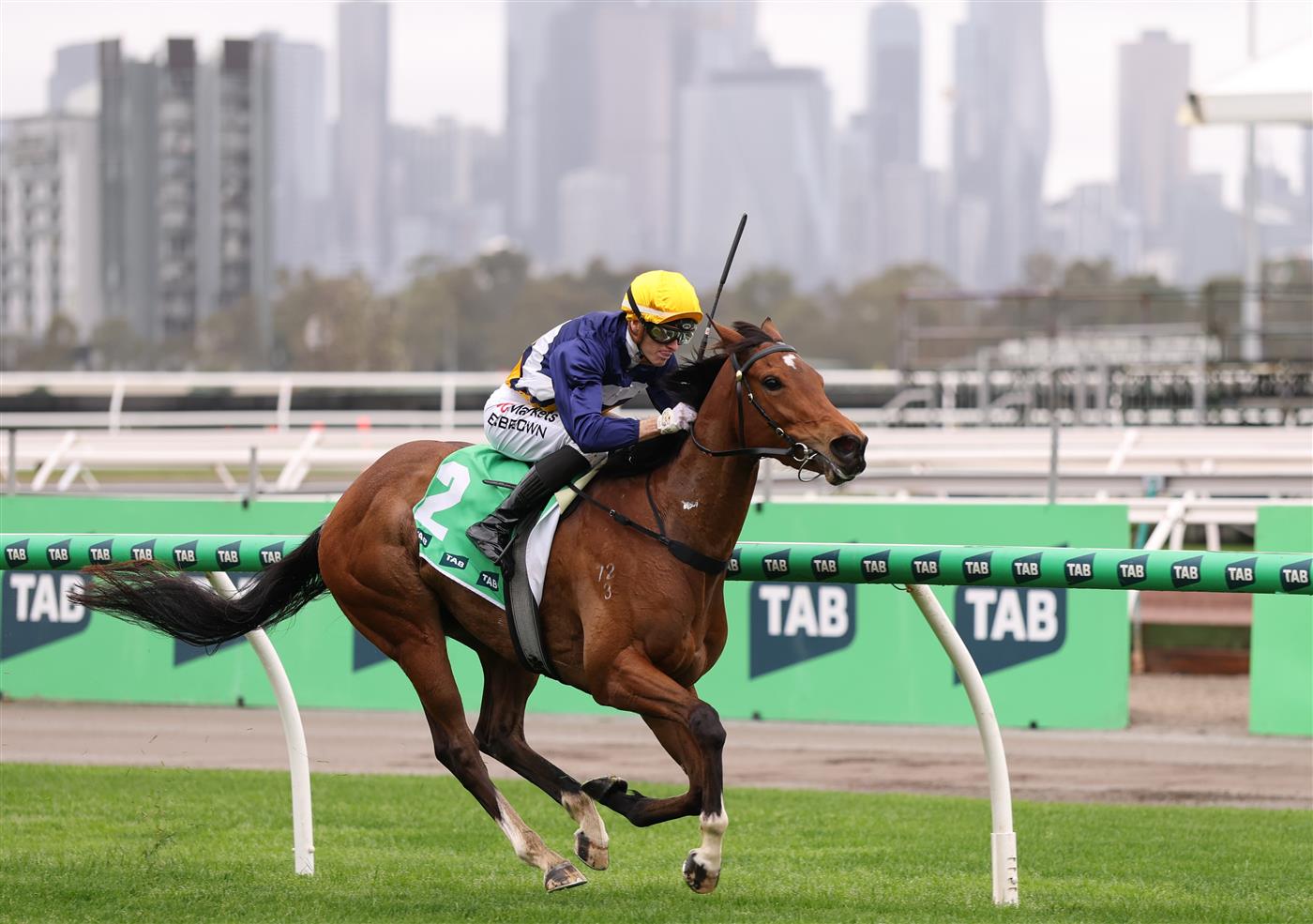 MELBOURNE, AUSTRALIA - OCTOBER 03: Ethan Brown riding #2 Saintly Dancer wins race 4, the Tab One Pool Edward Manifold Stakes during Turnbull Stakes Day at Flemington Racecourse on October 03, 2026 in Melbourne, Australia. (Photo by Robert Cianflone/Getty Images)