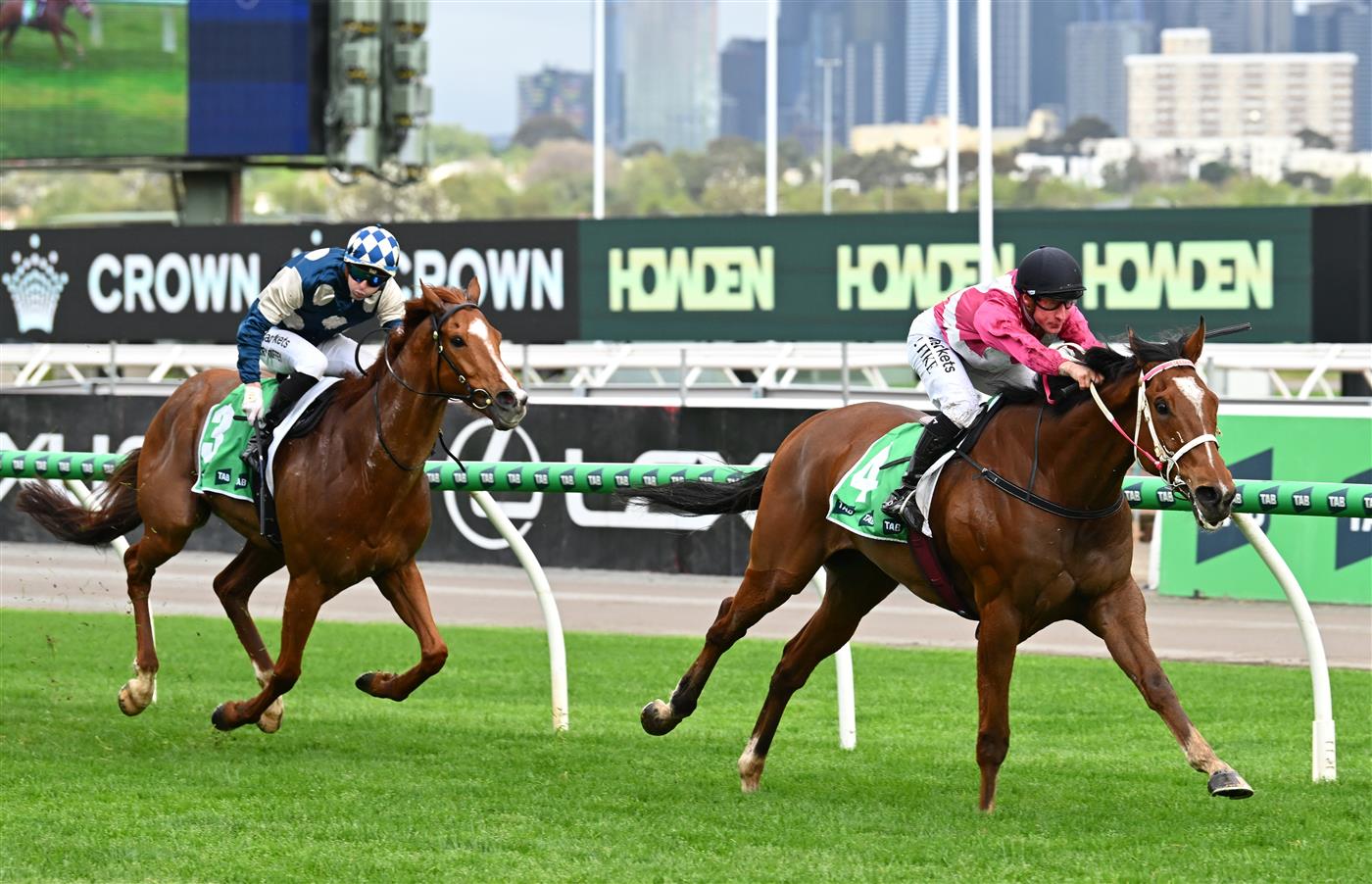 MELBOURNE, AUSTRALIA - OCTOBER 03: William Pike riding Cosmic Crusader defeats Light Infantry Man in race 8, the Tab Turnbull Stakes  during Turnbull Stakes Day at Flemington Racecourse on October 03, 2026 in Melbourne, Australia. (Photo by Vince Caligiuri/Getty Images)