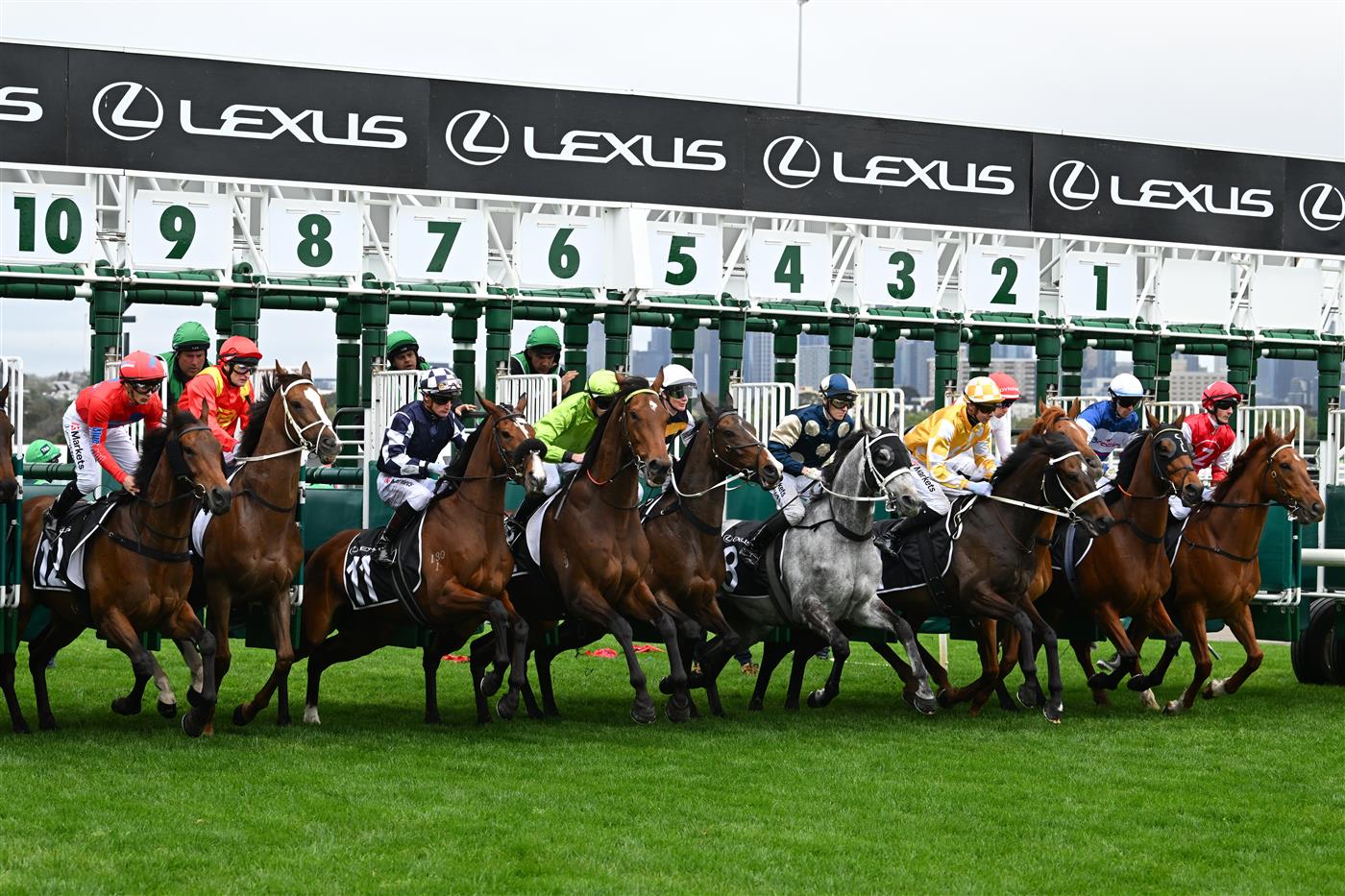 MELBOURNE, AUSTRALIA - OCTOBER 03: Jabez Johnstone riding Mr Monaco (L) jumps out of barriers before winning race 7, the The Lexus Bart Cummings during Turnbull Stakes Day at Flemington Racecourse on October 03, 2026 in Melbourne, Australia. (Photo by Vince Caligiuri/Getty Images)