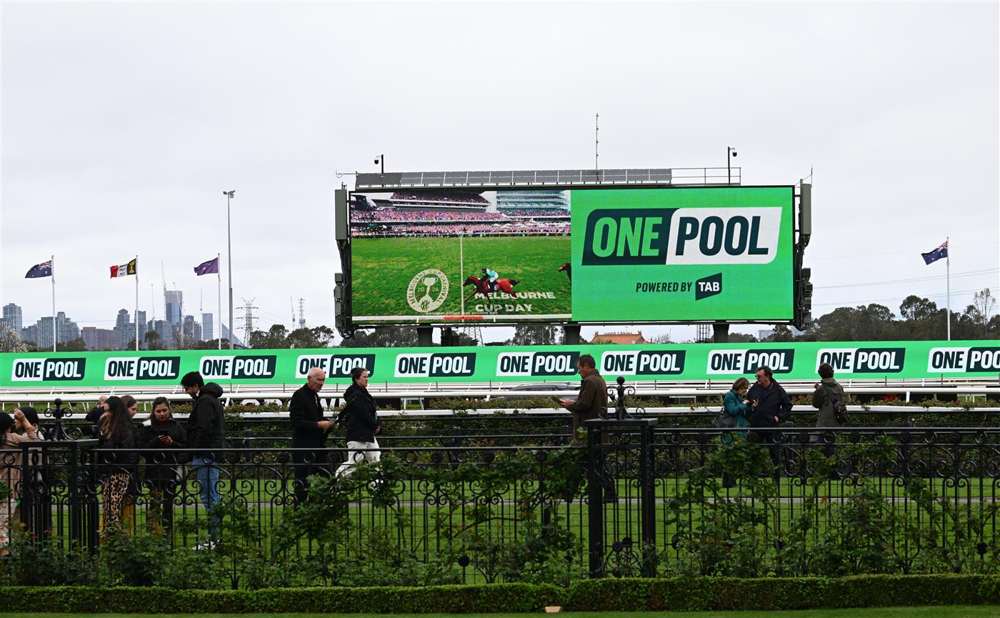 MELBOURNE, AUSTRALIA - OCTOBER 03: Fireworks display is seen to promote the One Pool during Turnbull Stakes Day at Flemington Racecourse on October 03, 2026 in Melbourne, Australia. (Photo by Vince Caligiuri/Getty Images)