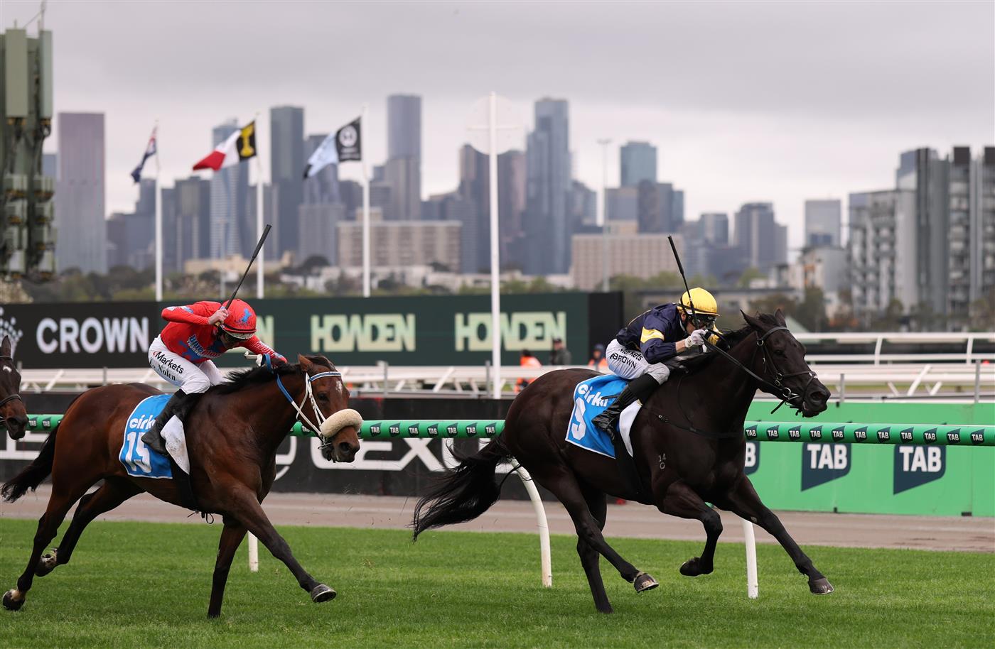MELBOURNE, AUSTRALIA - OCTOBER 03: Ethan Brown rides #9 Stylish to win race 5, the Cirka Rose Of Kingston Stakes during Turnbull Stakes Day at Flemington Racecourse on October 03, 2026 in Melbourne, Australia. (Photo by Robert Cianflone/Getty Images)