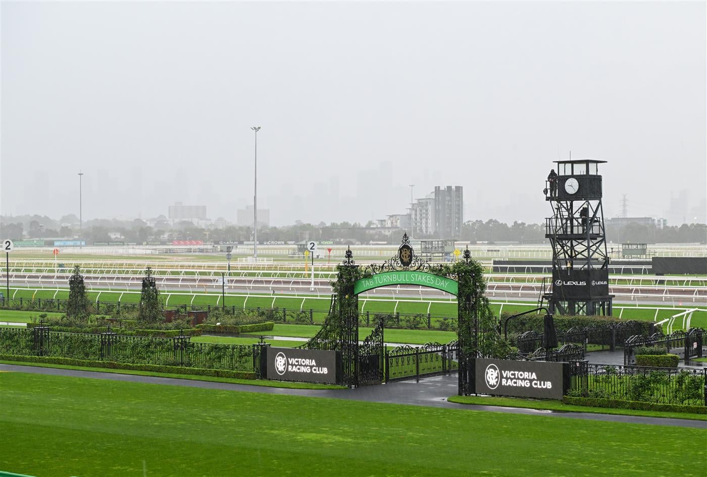 MELBOURNE, AUSTRALIA - OCTOBER 03: Rain is seen ahead of  Turnbull Stakes Day at Flemington Racecourse on October 03, 2026 in Melbourne, Australia. (Photo by Vince Caligiuri/Getty Images)