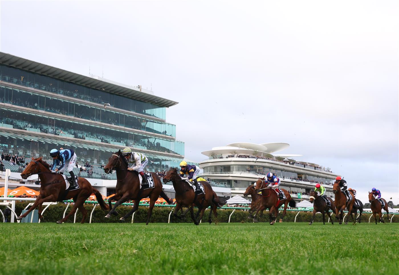 MELBOURNE, AUSTRALIA - OCTOBER 03: Ben Melham rides #15 Skybird to win ace 9, the Gilgai Stakes during Turnbull Stakes Day at Flemington Racecourse on October 03, 2026 in Melbourne, Australia. (Photo by Robert Cianflone/Getty Images)