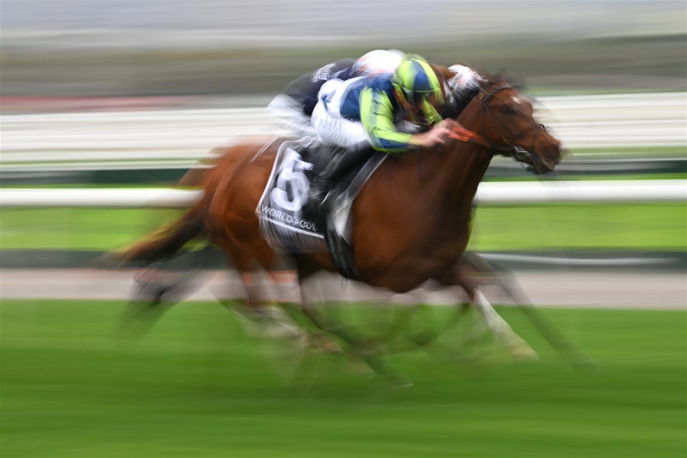 MELBOURNE, AUSTRALIA - OCTOBER 03: Declan Bates riding Cote Atlantique winning race 10, the Hkjc World Pool Paris Lane Stakes during Turnbull Stakes Day at Flemington Racecourse on October 03, 2026 in Melbourne, Australia. (Photo by Vince Caligiuri/Getty Images)
