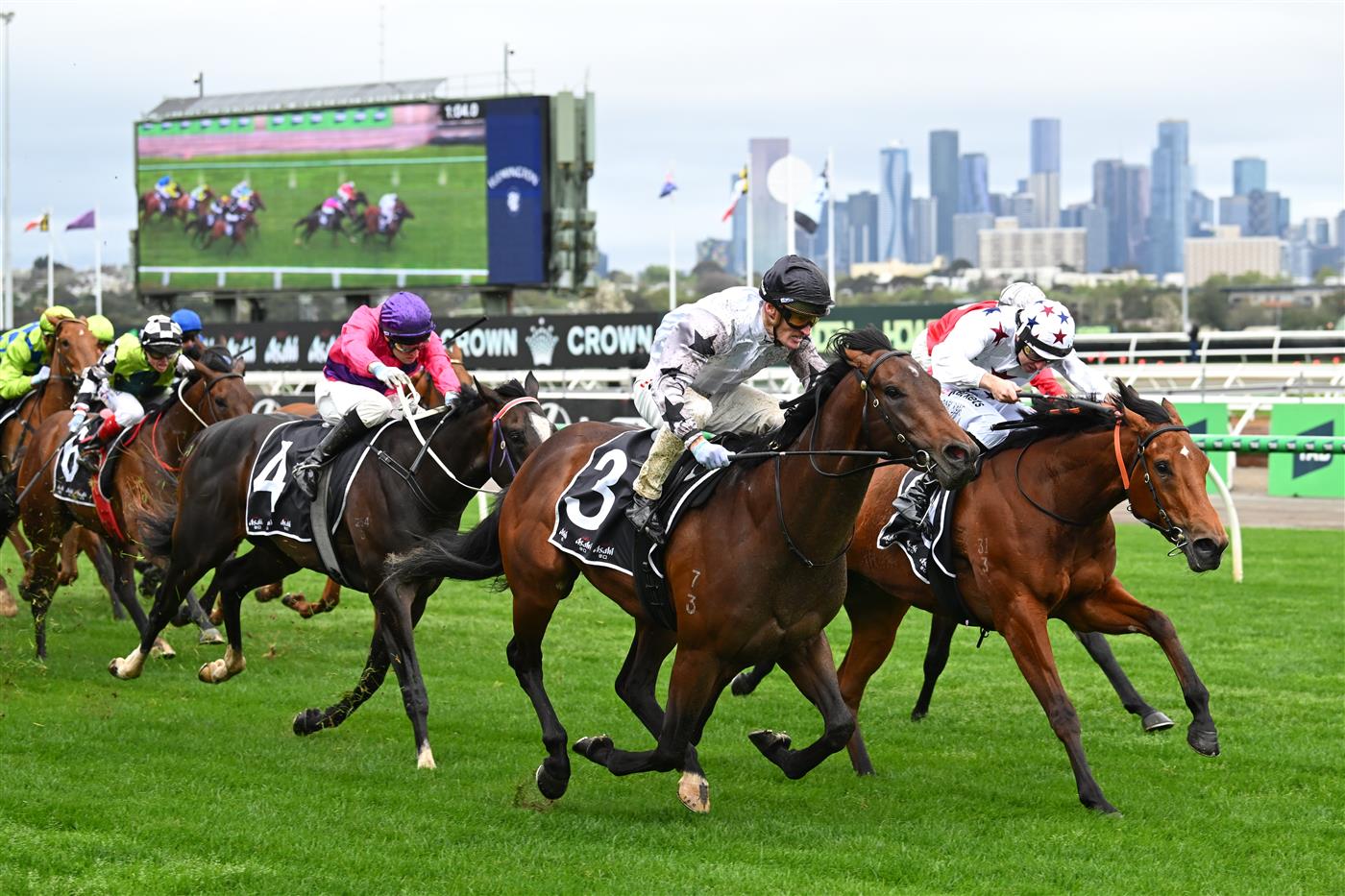 MELBOURNE, AUSTRALIA - OCTOBER 03: Mark Zahra riding The Next Episode defeats Damian Lane riding Natural Fling in race 6, the Asahi Super Dry Danehill Stakes  during Turnbull Stakes Day at Flemington Racecourse on October 03, 2026 in Melbourne, Australia. (Photo by Vince Caligiuri/Getty Images)