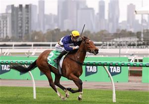 MELBOURNE, AUSTRALIA - OCTOBER 03: Ethan Brown riding #2 Saintly Dancer wins race 4, the Tab One Pool Edward Manifold Stakes during Turnbull Stakes Day at Flemington Racecourse on October 03, 2026 in Melbourne, Australia. (Photo by Robert Cianflone/Getty Images)