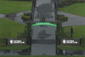MELBOURNE, AUSTRALIA - OCTOBER 03: A general view as rain falls during Turnbull Stakes Day at Flemington Racecourse on October 03, 2026 in Melbourne, Australia. (Photo by Robert Cianflone/Getty Images)