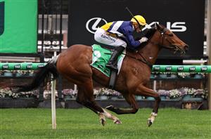 MELBOURNE, AUSTRALIA - OCTOBER 03: Ethan Brown riding #2 Saintly Dancer wins race 4, the Tab One Pool Edward Manifold Stakes during Turnbull Stakes Day at Flemington Racecourse on October 03, 2026 in Melbourne, Australia. (Photo by Robert Cianflone/Getty Images)