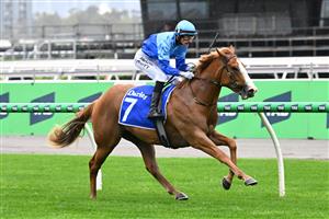 MELBOURNE, AUSTRALIA - OCTOBER 03: Jamie Mott riding Musandam winning race 1, the Darley Maribyrnong Trial Stakes during Turnbull Stakes Day at Flemington Racecourse on October 03, 2026 in Melbourne, Australia. (Photo by Vince Caligiuri/Getty Images)