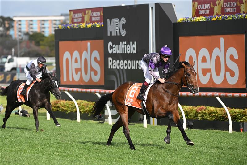 MELBOURNE, AUSTRALIA - OCTOBER 14: Ben Melham riding Griff winning Race 9, the Neds Caulfield Guineas, during Melbourne Racing at Caulfield Racecourse on October 14, 2023 in Melbourne, Australia. (Photo by Vince Caligiuri/Getty Images)