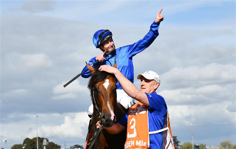 MELBOURNE, AUSTRALIA - OCTOBER 08: James McDonald reacts after riding Golden Mile to win Race 8, the Neds Caulfield Guineas,  during Caulfield Guineas Day at Caulfield Racecourse on October 08, 2022 in Melbourne, Australia. (Photo by Vince Caligiuri/Getty Images)
