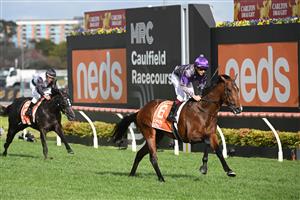 MELBOURNE, AUSTRALIA - OCTOBER 14: Ben Melham riding Griff winning Race 9, the Neds Caulfield Guineas, during Melbourne Racing at Caulfield Racecourse on October 14, 2023 in Melbourne, Australia. (Photo by Vince Caligiuri/Getty Images)
