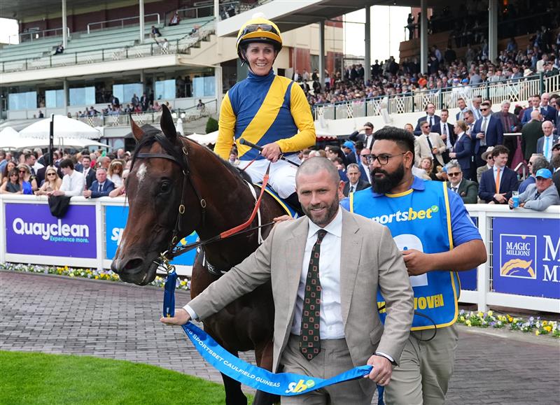 MELBOURNE, AUSTRALIA - OCTOBER 10: Rachel King riding Warwoven after winning race 8, the Sportsbet Caulfield Guineas during Melbourne Racing at Caulfield Racecourse on October 10, 2026 in Melbourne, Australia. (Photo by Vince Caligiuri/Getty Images)