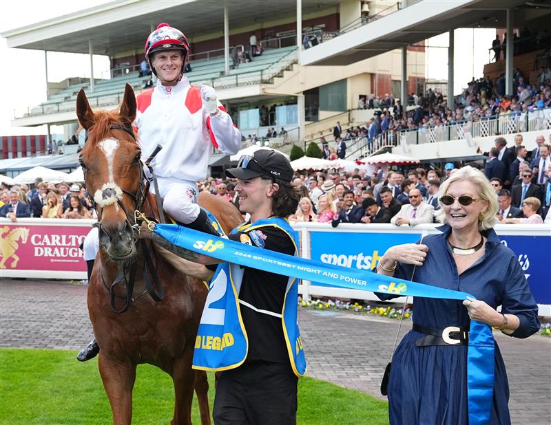 MELBOURNE, AUSTRALIA - OCTOBER 10: Ethan Brown riding  Land Legend after winning race 7, the Sportsbet Might And Power during Melbourne Racing at Caulfield Racecourse on October 10, 2026 in Melbourne, Australia. (Photo by Vince Caligiuri/Getty Images)