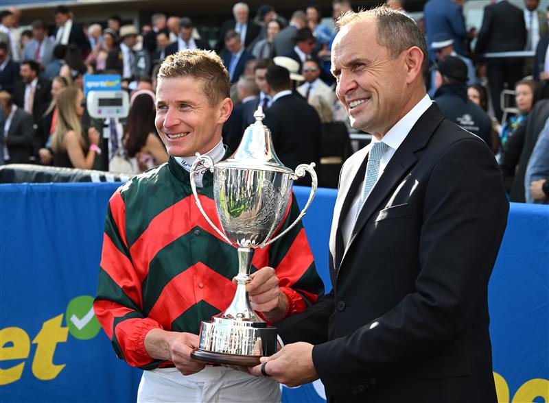 MELBOURNE, AUSTRALIA - OCTOBER 10: James McDonald poses with Trainer Chris Waller after riding Lady Shenandoah to win race 9, the Hyland Race Colours Toorak Handicap  during Melbourne Racing at Caulfield Racecourse on October 10, 2026 in Melbourne, Australia. (Photo by Vince Caligiuri/Getty Images)