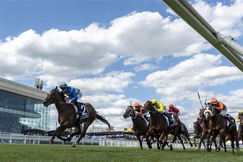 MELBOURNE, AUSTRALIA - OCTOBER 10: Mark Zahra riding Point Barrow winning race 5, the Hkjc World Pool Northwood Plume Stakes during Melbourne Racing at Caulfield Racecourse on October 10, 2026 in Melbourne, Australia. (Photo by Vince Caligiuri/Getty Images)