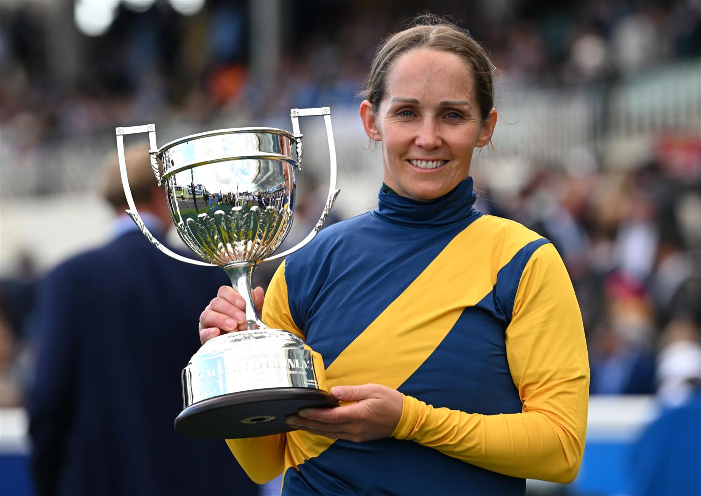 MELBOURNE, AUSTRALIA - OCTOBER 10: Rachel King poses with trophy after riding Warwoven to win race 8, the Sportsbet Caulfield Guineas during Melbourne Racing at Caulfield Racecourse on October 10, 2026 in Melbourne, Australia. (Photo by Vince Caligiuri/Getty Images)