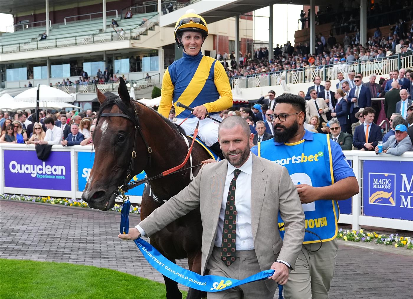 MELBOURNE, AUSTRALIA - OCTOBER 10: Rachel King riding Warwoven after winning race 8, the Sportsbet Caulfield Guineas during Melbourne Racing at Caulfield Racecourse on October 10, 2026 in Melbourne, Australia. (Photo by Vince Caligiuri/Getty Images)