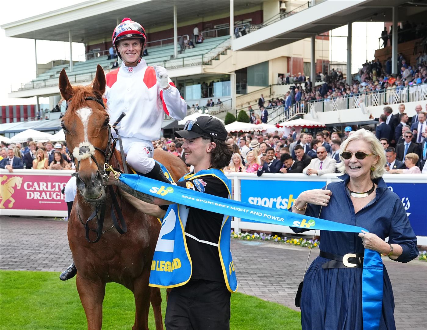 MELBOURNE, AUSTRALIA - OCTOBER 10: Ethan Brown riding  Land Legend after winning race 7, the Sportsbet Might And Power during Melbourne Racing at Caulfield Racecourse on October 10, 2026 in Melbourne, Australia. (Photo by Vince Caligiuri/Getty Images)