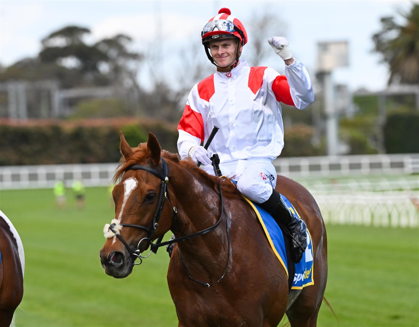 MELBOURNE, AUSTRALIA - OCTOBER 10: Ethan Brown riding  Land Legend after winning race 7, the Sportsbet Might And Power during Melbourne Racing at Caulfield Racecourse on October 10, 2026 in Melbourne, Australia. (Photo by Vince Caligiuri/Getty Images)