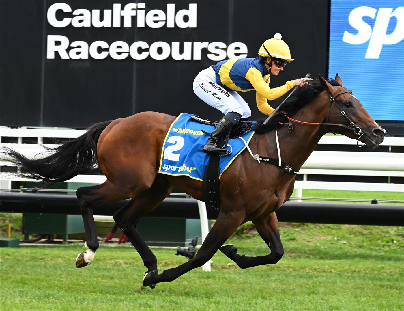 MELBOURNE, AUSTRALIA - OCTOBER 10: Rachel King riding Warwoven defeats Blake Shinn riding Blind Raise in race 8, the Sportsbet Caulfield Guineas during Melbourne Racing at Caulfield Racecourse on October 10, 2026 in Melbourne, Australia. (Photo by Vince Caligiuri/Getty Images)