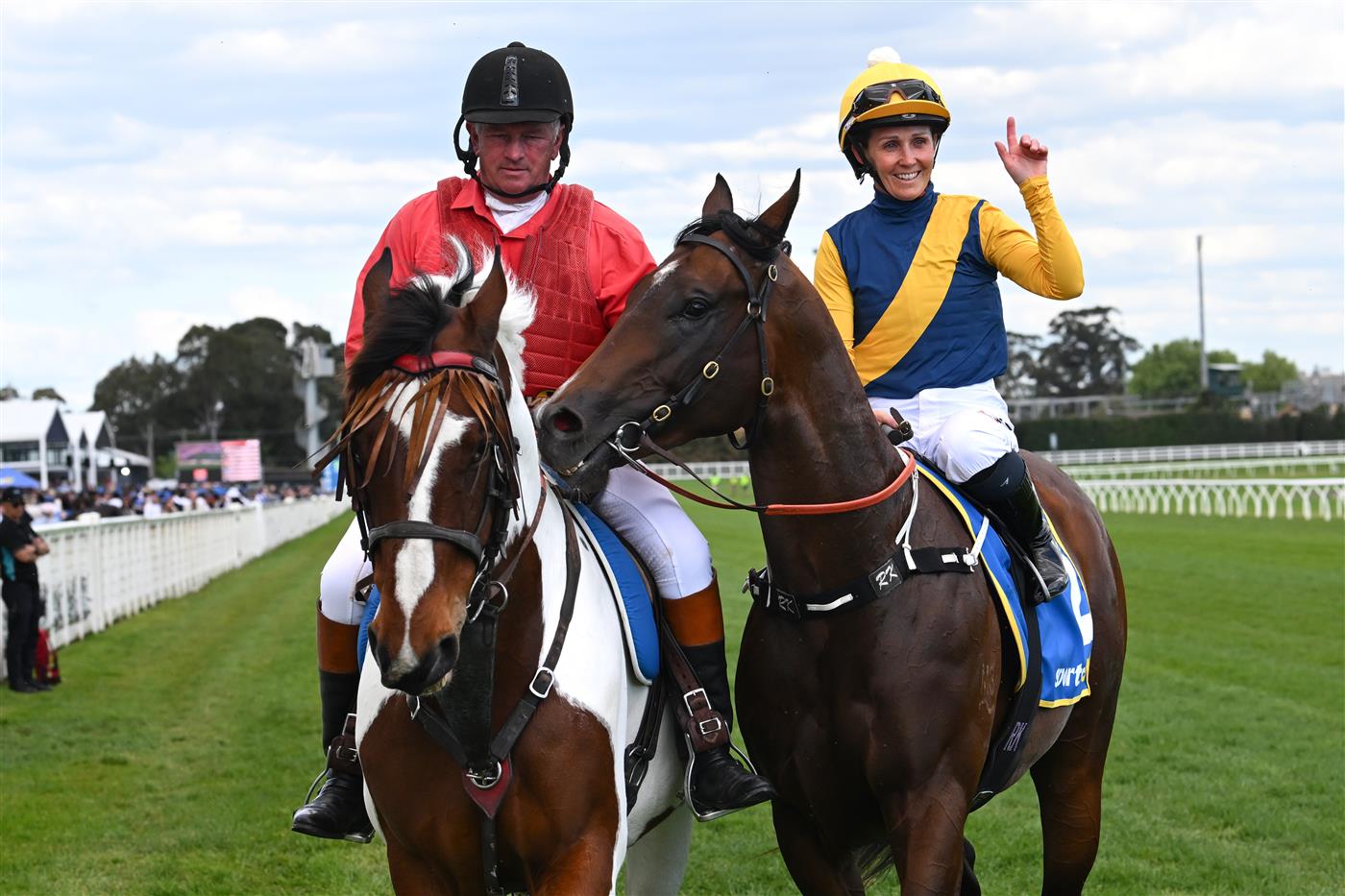 MELBOURNE, AUSTRALIA - OCTOBER 10: Rachel King riding Warwoven after winning race 8, the Sportsbet Caulfield Guineas during Melbourne Racing at Caulfield Racecourse on October 10, 2026 in Melbourne, Australia. (Photo by Vince Caligiuri/Getty Images)