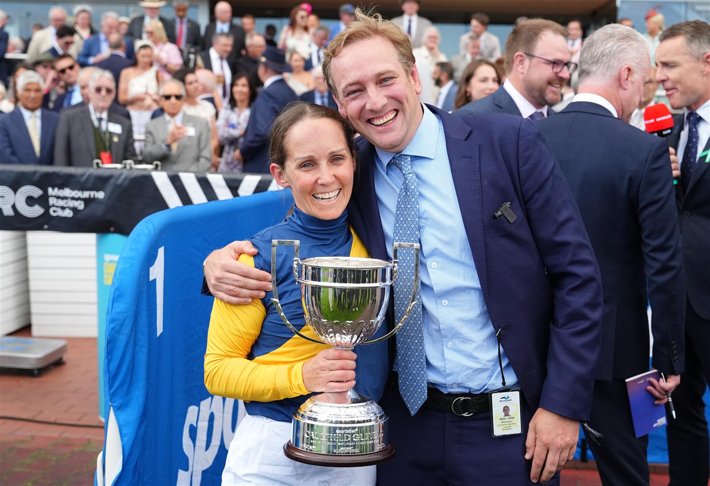 MELBOURNE, AUSTRALIA - OCTOBER 10: Rachel King celebrates with Jim Clarke after riding Warwoven to win race 8, the Sportsbet Caulfield Guineas during Melbourne Racing at Caulfield Racecourse on October 10, 2026 in Melbourne, Australia. (Photo by Vince Caligiuri/Getty Images)