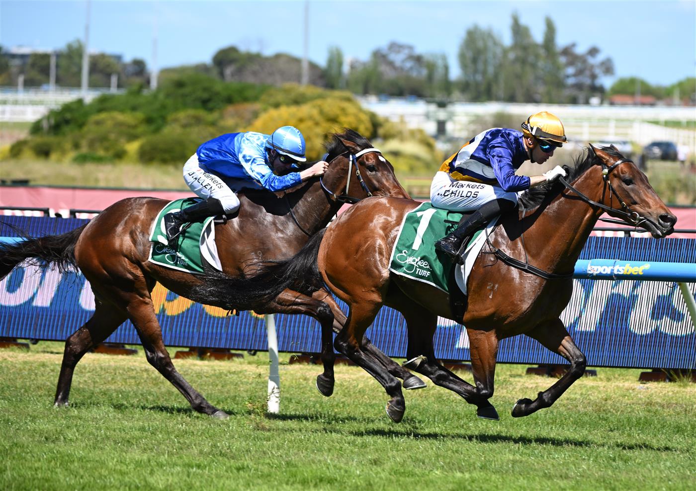MELBOURNE, AUSTRALIA - OCTOBER 10: Jordan Childs riding Surfin' Bird to win Race 3 on Caulfield Guineas Day. (Getty)