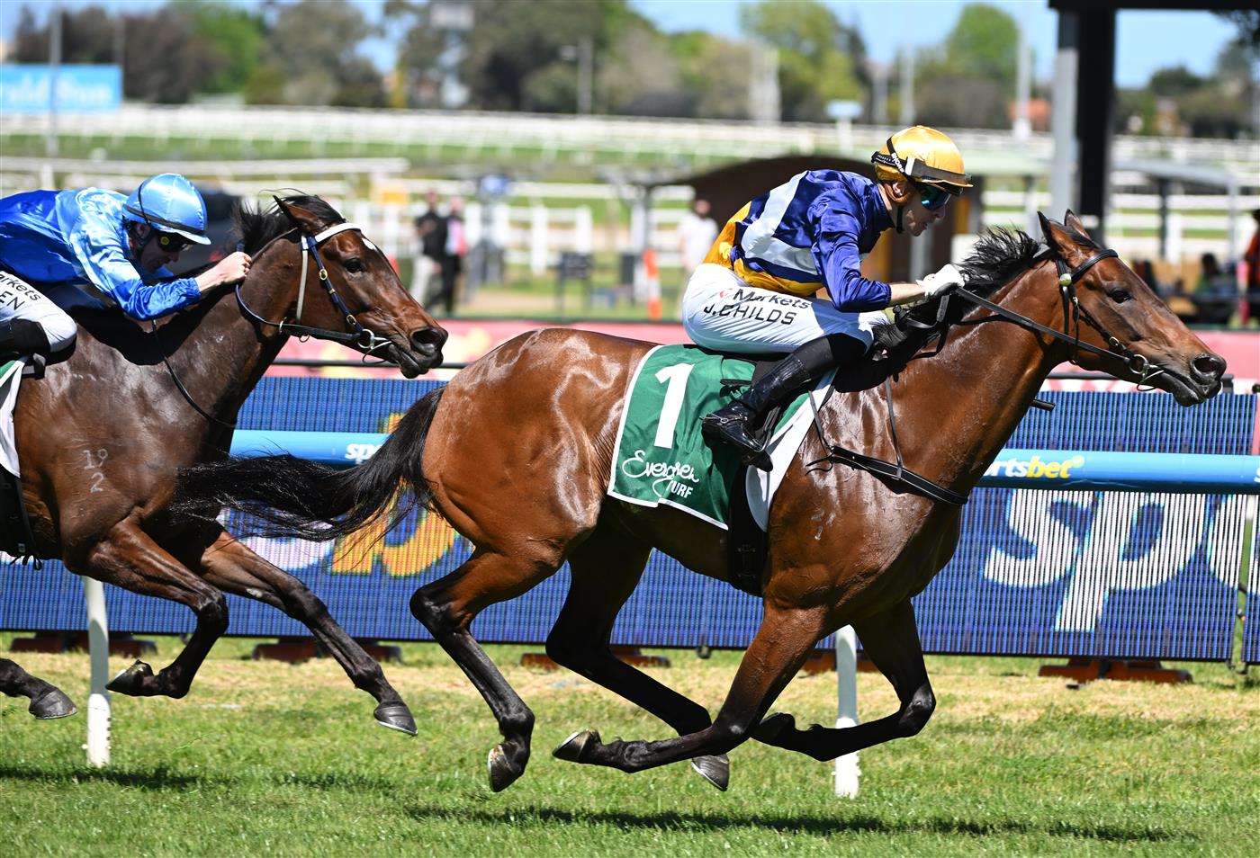 MELBOURNE, AUSTRALIA - OCTOBER 10: Jordan Childs riding Surfin' Bird to win Race 3 on Caulfield Guineas Day. (Getty)