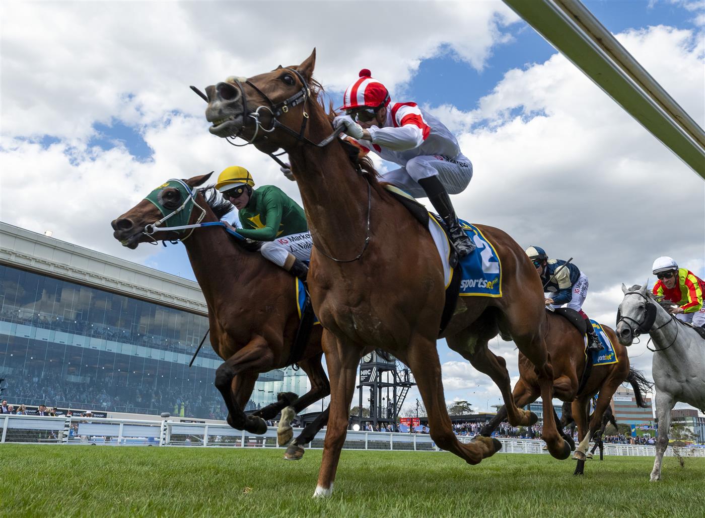 MELBOURNE, AUSTRALIA - OCTOBER 10: Ethan Brown riding  Land Legend defeats Luke Nolen riding Sheza Alibi in race 7, the Sportsbet Might And Power during Melbourne Racing at Caulfield Racecourse on October 10, 2026 in Melbourne, Australia. (Photo by Vince Caligiuri/Getty Images)