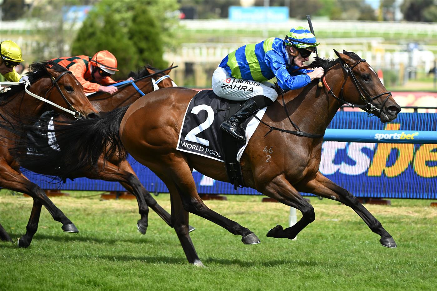 MELBOURNE, AUSTRALIA - OCTOBER 10: Mark Zahra riding Point Barrow winning race 5, the Hkjc World Pool Northwood Plume Stakes during Melbourne Racing at Caulfield Racecourse on October 10, 2026 in Melbourne, Australia. (Photo by Vince Caligiuri/Getty Images)