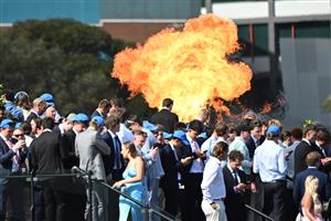 MELBOURNE, AUSTRALIA - OCTOBER 10:  Sportsbet promotion fire display during race 7, the Sportsbet Might And Power during Melbourne Racing at Caulfield Racecourse on October 10, 2026 in Melbourne, Australia. (Photo by Vince Caligiuri/Getty Images)