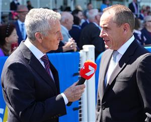 MELBOURNE, AUSTRALIA - OCTOBER 10: Bruce McAvaney, channel seven presenter interviews trainer Chris Waller after Pinhole won race 4, the Sportsbet Herbert Power Stakes during Melbourne Racing at Caulfield Racecourse on October 10, 2026 in Melbourne, Australia. (Photo by Vince Caligiuri/Getty Images)