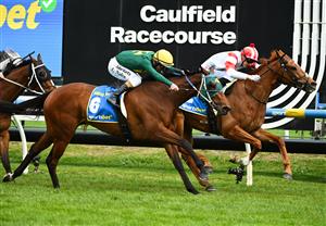 MELBOURNE, AUSTRALIA - OCTOBER 10: Ethan Brown riding  Land Legend defeats Luke Nolen riding Sheza Alibi in race 7, the Sportsbet Might And Power during Melbourne Racing at Caulfield Racecourse on October 10, 2026 in Melbourne, Australia. (Photo by Vince Caligiuri/Getty Images)