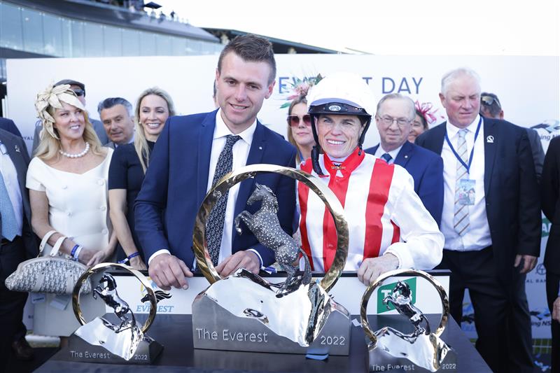 SYDNEY, AUSTRALIA - OCTOBER 15: Trainer Clayton Douglas and Craig Williams pose with the Everest trophy after winning The Everest on Giga Kick during Everest Day at Royal Randwick Racecourse on October 15, 2022 in Sydney, Australia. (Photo by Mark Evans/Getty Images)