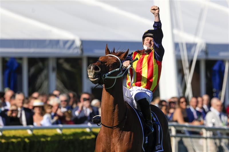 SYDNEY, AUSTRALIA - OCTOBER 16: James McDonald on Nature Strip salutes after winning race 7 The Tab Everest during Everest Day at Royal Randwick Racecourse on October 16, 2021 in Sydney, Australia. (Photo by Mark Evans/Getty Images)