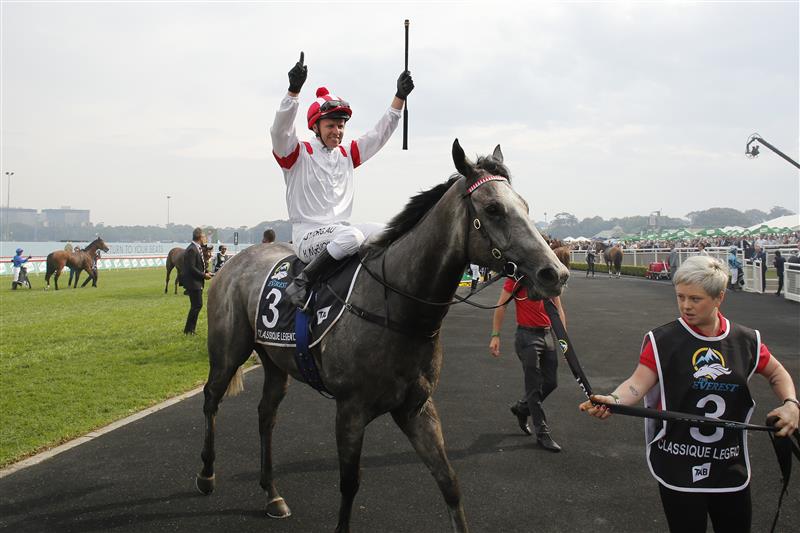 SYDNEY, AUSTRALIA - OCTOBER 17: Kerrin McEvoy on Classique Legend returns to scale after winning race 7 the TAB Everest during Sydney Racing at Royal Randwick Racecourse on October 17, 2020 in Sydney, Australia. (Photo by Mark Evans/Getty Images)