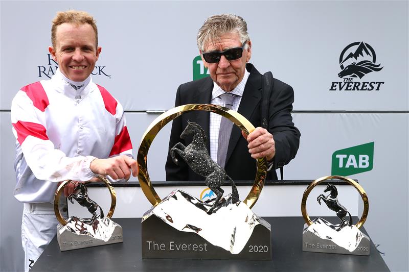 SYDNEY, AUSTRALIA - OCTOBER 17: Kerrin McEvoy (L) and trainer Les Bridge after winning race 7 the TAB Everest with Classique Legend during Sydney Racing at Royal Randwick Racecourse on October 17, 2020 in Sydney, Australia. (Photo by Jason McCawley/Getty Images for the Australian Turf Club)