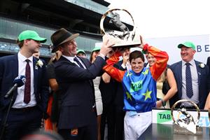 SYDNEY, AUSTRALIA - OCTOBER 19: Trainer Ciaron Maher and Craig Williams riding Bella Nipotina wins Race 7 The TAB Everest during Sydney Racing - The Everest Day at Royal Randwick Racecourse on October 19, 2024 in Sydney, Australia. (Photo by Jeremy Ng/Getty Images)