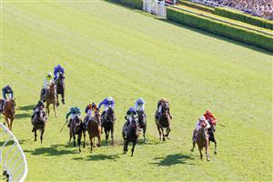 SYDNEY, AUSTRALIA - OCTOBER 15: Craig Williams (red and white) on Giga Kick wins race 7 The Tab Everest during Everest Day at Royal Randwick Racecourse on October 15, 2022 in Sydney, Australia. (Photo by Jenny Evans/Getty Images)