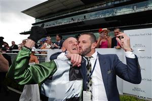 SYDNEY, AUSTRALIA - OCTOBER 19: Jockey Glen Boss celebrates with connections after riding Yes Yes Yes to victory in race 7 The TAB Everest during The Everest at Royal Randwick Racecourse on October 19, 2019 in Sydney, Australia. (Photo by Mark Metcalfe/Getty Images)