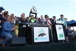 SYDNEY, AUSTRALIA - OCTOBER 14: Trainer Joe Pride celebrates after Sam Clipperton  wins Race 7 The TAB Everest during Sydney Racing - TAB Everest Day at Royal Randwick Racecourse on October 14, 2023 in Sydney, Australia. (Photo by Jeremy Ng/Getty Images)